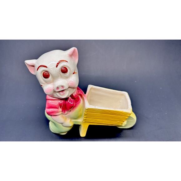 Vintage 1950s Shawnee Pottery Pig Planter, "Smiley Porky Pig" w/Wheelbarrow - Picture 2 of 15